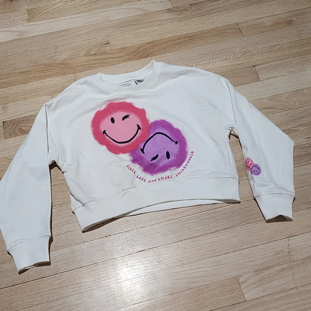 Zara Kids White Sweatshirt with Pink and Purple Smiley Faces